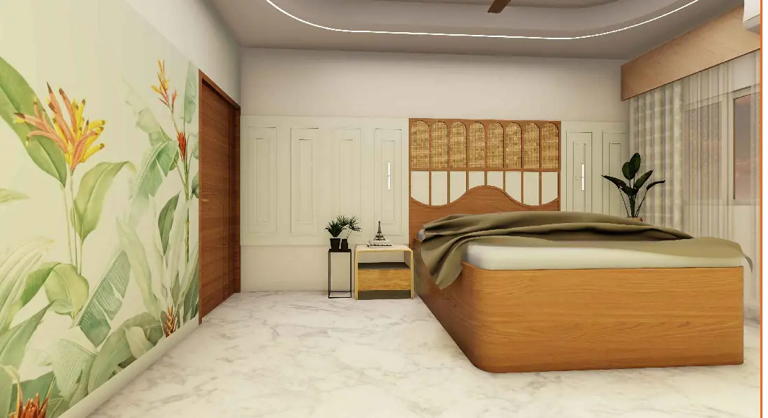 Bed and headboard, north bedroom — Sculpted Serenity Interior, Darbhanga