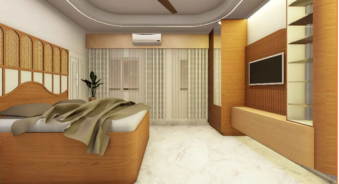 Curtain wall, north bedroom — Sculpted Serenity Interior, Darbhanga