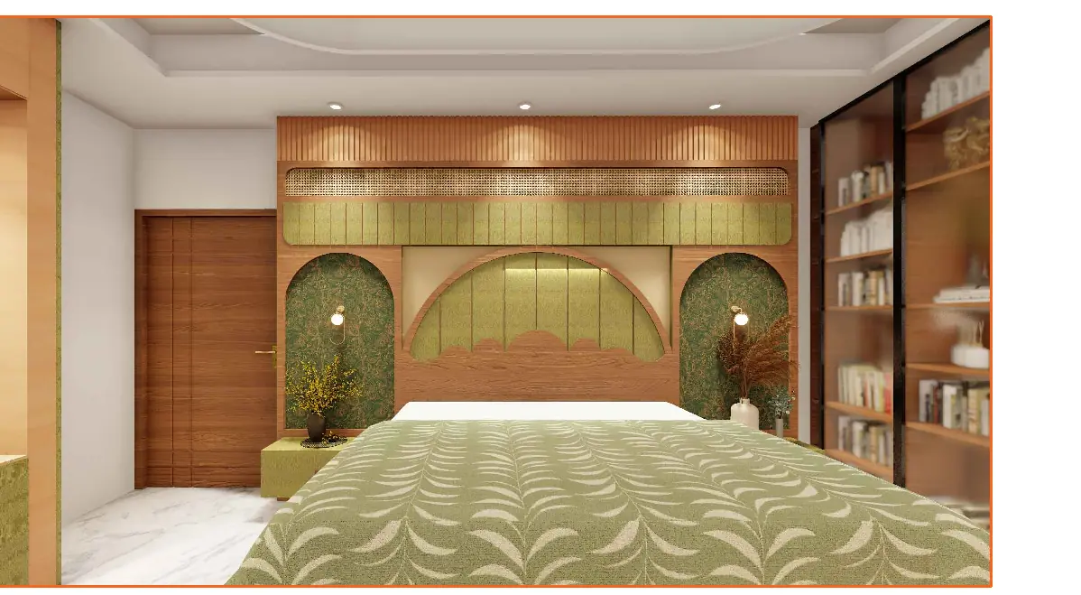 Bed headboard, south bedroom — Sculpted Serenity Interior, Darbhanga