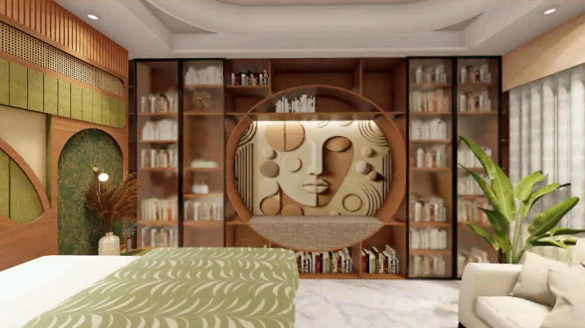 Library unit with sculpted relief panel, south bedroom — Sculpted Serenity Interior, Darbhanga