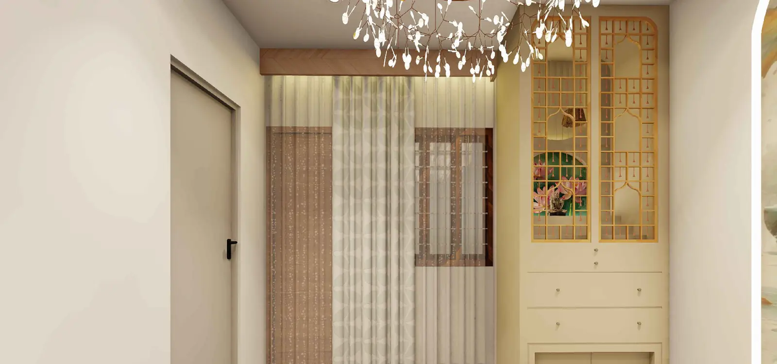 Puja room with chandelier — Sculpted Serenity Interior, Darbhanga