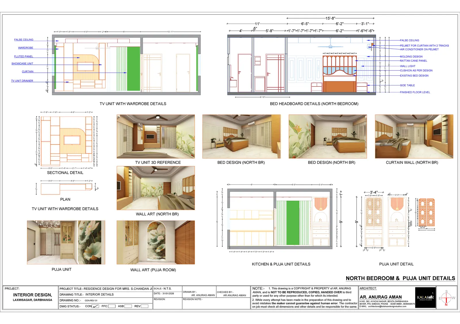 North bedroom and puja unit details — Sculpted Serenity Interior, Darbhanga